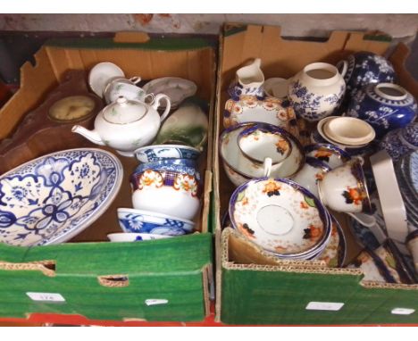 2 boxes of mixed china including ginger jar, Masons, and a clock 