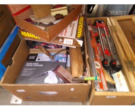 A wooden toolbox and contents, together with a box of mic items including hand held steam cleaner, marquetry set, and some to