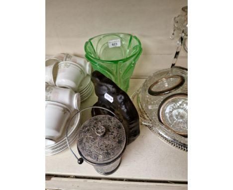 Three pieces of art deco glass with impressed faces to two piecesCondition:- General wear throughout, chips & nibbles to rim 