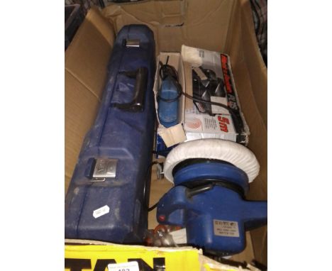A box of tools including AEG recipricating saw, Black &amp; Decker electric planer, Promax electric car polisher, Hilka Procr