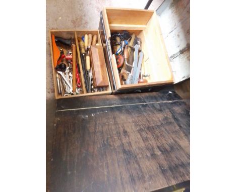 A joiners tool box of assorted tools and a metal box containing assorted tools 