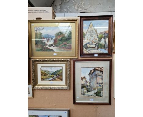 Four watercolours; a landscape scene with waterfall, signed 'T R Bradley', a landscape scene with river, signed 'Gibbins 1952