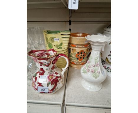 Four ceramic vases/jugs; a Belleek vase, Mason's jug, Crown Ducal Charlotte Reid vase and a Burleigh Ware Art Deco jug.