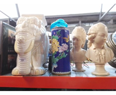 An elephant pot stand, a modern lamp, a pair of resin busts and a cloisonne vase. 