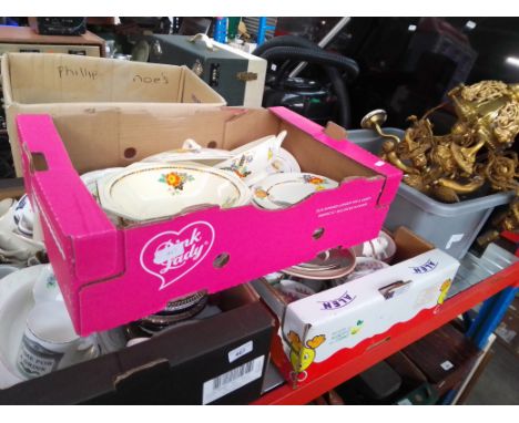 3 boxes of mixed pottery and an ornate brass ceiling light fitting 