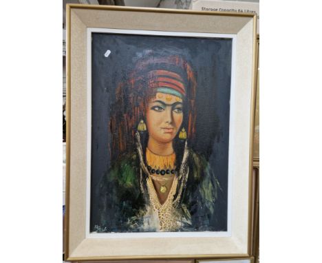 Mid 20th century school, oil on canvas, portrait of a woman, indistinctly signed, framed 61.5cm x 82cm.