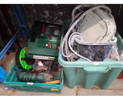A box of tools to include Bosch rectangular sander, Parkside circular sander, Makita planer, Bosch cutter, Allan keys, pipe w