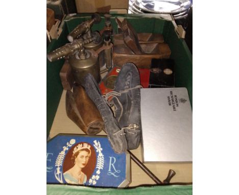 A box of assorted tools and collectables, tins, blow torches, planes, etc., etc. 