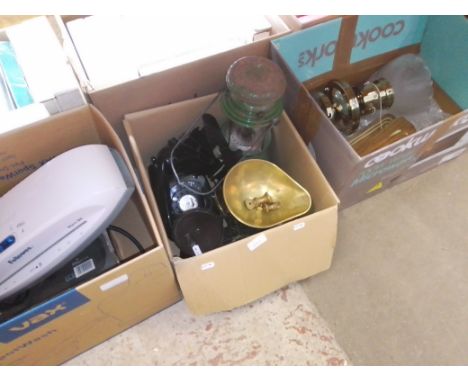 Three boxes of assorted items including a vintage telephone, a tilley lamp, scales and weights etc. 