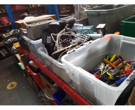 3 boxes of misc electrical items, including tools, cameras, tripod, radios, mobile phones, a pair of Wharfedale speakers etc 