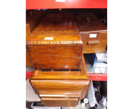 A cantilever sewing box and a writing slope with marquetry patterned lid and a wall clock. 