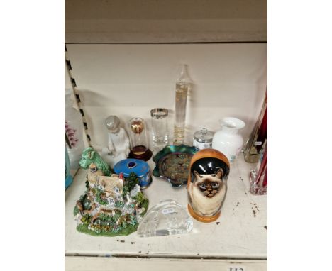Assorted items including Sylvac dog, art glass block (signed), set of Russian Matryoshka dolls with cat images, Royal Worcest