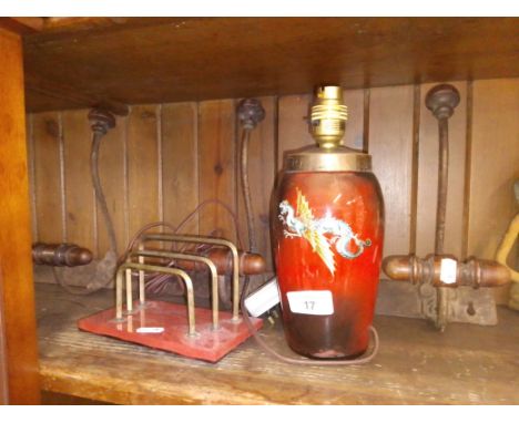 A Victorian coat/hat rack together with an Art Deco letter rack and a vintage Stourbridge table lamp. 