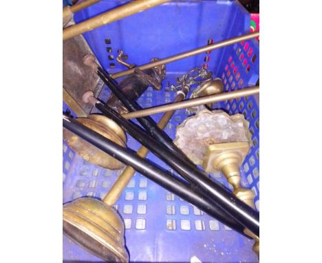 A box of brassware including stick stand, figurine, bird ornament, candlestick, etc. 