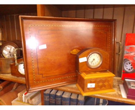 Antique Edwardian inlaid tray, clock and box 