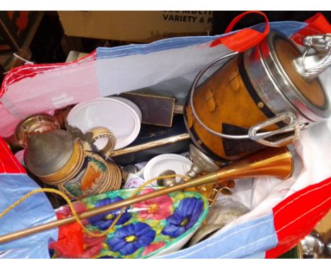 A bag of mixed items including metalware, clock, biscuit barrel etc 