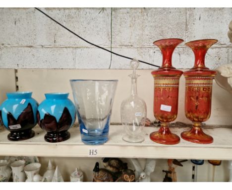 Pair of glass vases, another, glass decanter and a pair of gilt ruby glass vases - one cracked 