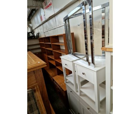 A pair of painted bedside cabinets, matching cabinet and a chrome and glass top table. 