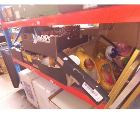 5 boxes of mixed items to include ceramics, metalware, kitchen scales, wooden clogs, glassware, pictures 
