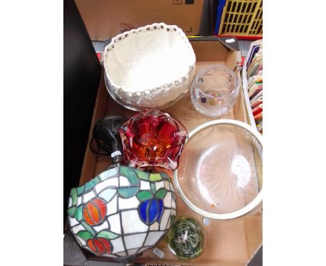 A box of ceramics and glass including Tiffany style table lamp, plated tazza, paperweight, and creamware bowl 