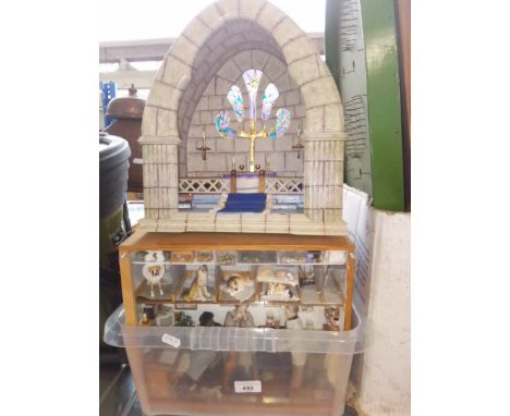 A box of assorted dolls house dioramas, clock and an altar model 