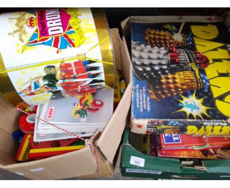 2 boxes containing a collection of vintage toys and games to include Lasy construction set, boards games (ET, Kojak &amp; Pla