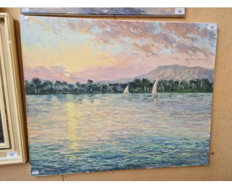 20th century school, oil on canvas, seascape with boats, signed 'RICHARD WOOD', unframed, 75.5cm x 60.5cm.