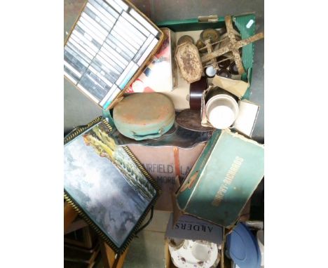 A mixed lot including a vintage Kienzle mantle clock.laundry case, vintage cassettes and a box of assorted including a bakeli