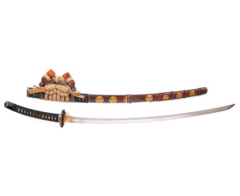 A Japanese court tachi in orange lacquer saya. A traditional Japanese tachi, signed on tang, 'Noshu Seki Kanekado', (Kanekado