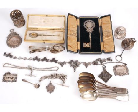 Miscellaneous collection of silver items. Includes a silver key presented on the opening of Woodvale Methodist Church, Belfas