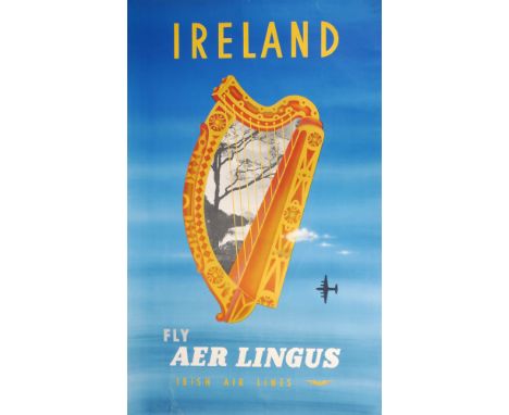 1960S Aer Lingus poster by Guus Melai. Aer Lingus advertisement poster showing a harp in a blue sky. Designed by Guus Melai a