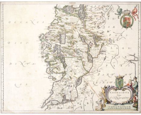 1654 Map of Connaught by Joan Blaeu. A hand-coloured, engraved map of 'Connachtia Vulgo Connaughty', in the first state as pu