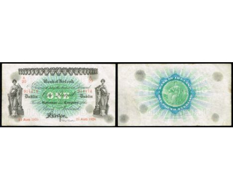 Bank of Ireland Dublin One Pound, 25 Aug 1926. A/20 914474, signed Gargan, very fine, pressed, light stains from Blue Tack ad