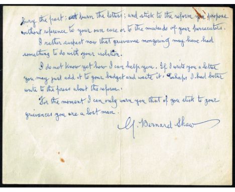 1949 (9 September) handwritten letter from George Bernard Shaw: " A man with a grievance is an intolerable nuisance" Two page