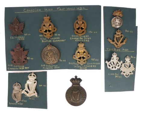 1900-1918 Irish Regiments cap badges. Thirteen cap badges of Irish Regiments in British and Canadian armies. The Canadian arm
