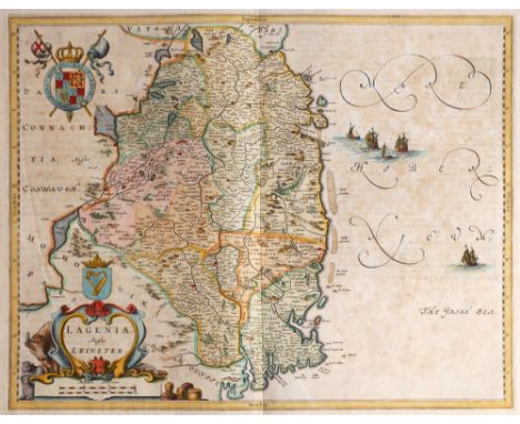 1654 Map of Leinster by Joan Blaeu. A hand-coloured, engraved map Leinster, in the first state as published in the 1654 fifth