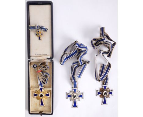 1938-1945 Cross of Honour of the German Mother in gold, silver and bronze. Three examples of the Mothers' Cross awarded for g