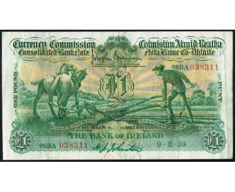 Currency Commission Consolidated Banknote 'Ploughman' One Pound, Bank of Ireland, 6-9-37, 4-10-38 and 9-2-39. First two signe