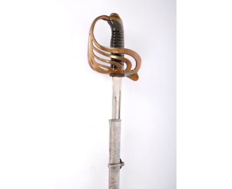 Late 19th / early 20th century French light cavalry sword. The straight, single-fullered blade on undecorated brass hilt, wit