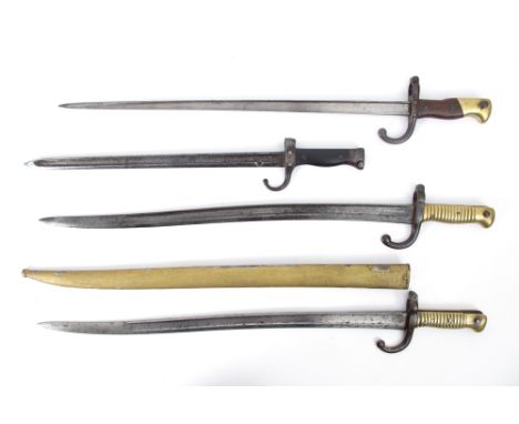 Late 19th century, a collection of four French bayonets A Yataghan sword bayonet for use on the 11 mm M1866 Chassepot needle-