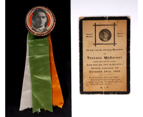 1920 Terence MacSwiney, a commemorative badge and card. The gilt circular badge centred with a portrait of MacSwiney and trai