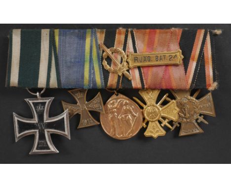 1914-1918 Imperial German group of five medals court mounted Germanic style. Comprising, 1914 Iron Cross, 2nd class; 1914 Bru