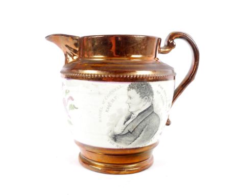 1828 Daniel O'Connell. Clare bye-election, commemorative jug. A lustreware, baluster-shaped jug, a broad band of white enamel