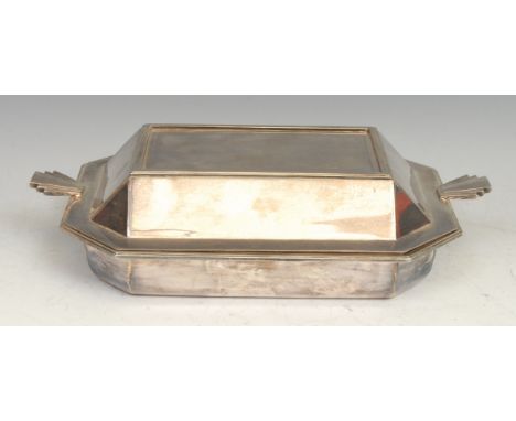 An Art Deco silver plated canted rectangular entree dish, geometric lug handles, 33cm wide, Northern Goldsmith's Company, New