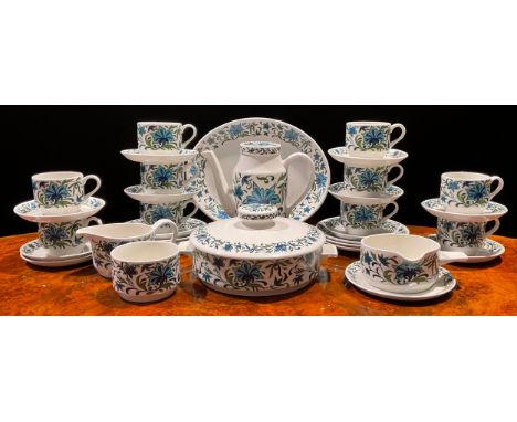 A Midwinter Spanish Garden pattern part dinner and coffee service, comprising tureen and cover, sauce boat and stand, coffee 