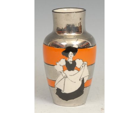 An Art Deco Wardle silver lustre shoulder vase, printed in monochrome with an Edwardian beauty, banded in orange glaze, numbe