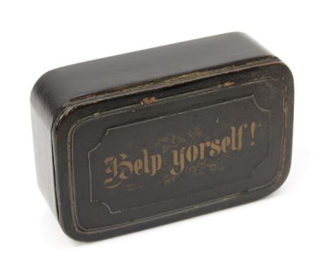 A large late 19th century papier-mâché rounded rectangular table or shop counter snuff box, the cover inscribed in gilt, 'HEL