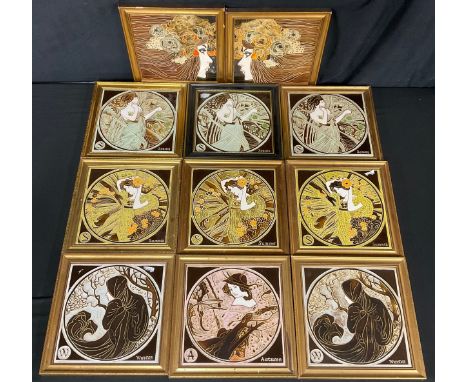 A set of four Maw majolica tiles, The Seasons, another set; others, Art Nouveau Ladies, 20cm, all framed , c.1970s (11) 