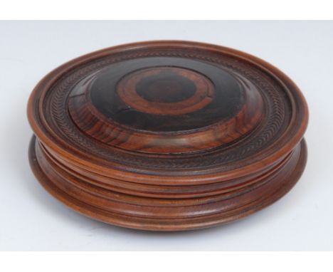 Treen - a large 19th century draught-turned specimen timber circular snuff box, 11cm diam 
