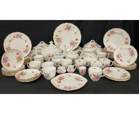 A Royal Crown Derby Posies pattern dinner and tea service, including large teapot, milk and sugar, eight teacups, saucers and